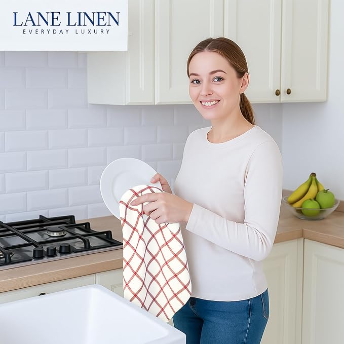 LANE LINEN 100% Cotton Kitchen Towels Set, 6-Pack – Premium, Absorbent, Quick-Drying Dish Towels, Tea Towels, 18" x 28" - Red - Image 4