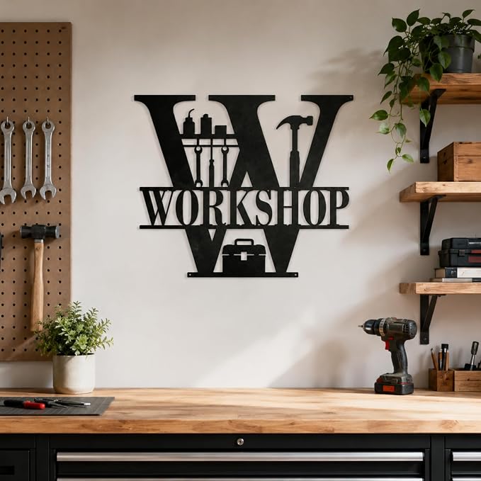 Workshop Metal Wall Decor, Garage and Tool Room Sign, 14 Inch | 14-inch matte black metal workshop sign with pre-drilled holes for garages, tool rooms, sheds, studios, and workspaces. - Image 7