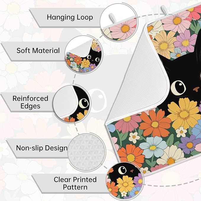 Black Cat Floral Dish Drying Mat for Kitchen Counter Coffee Bar 18x24 in | Non Slip Absorbent Kitchen Dishes Drainer Mat, with Anti-slip Rubber Backing & Hanging Loop, Decor for Sink, Cat Theme Gifts - Image 3