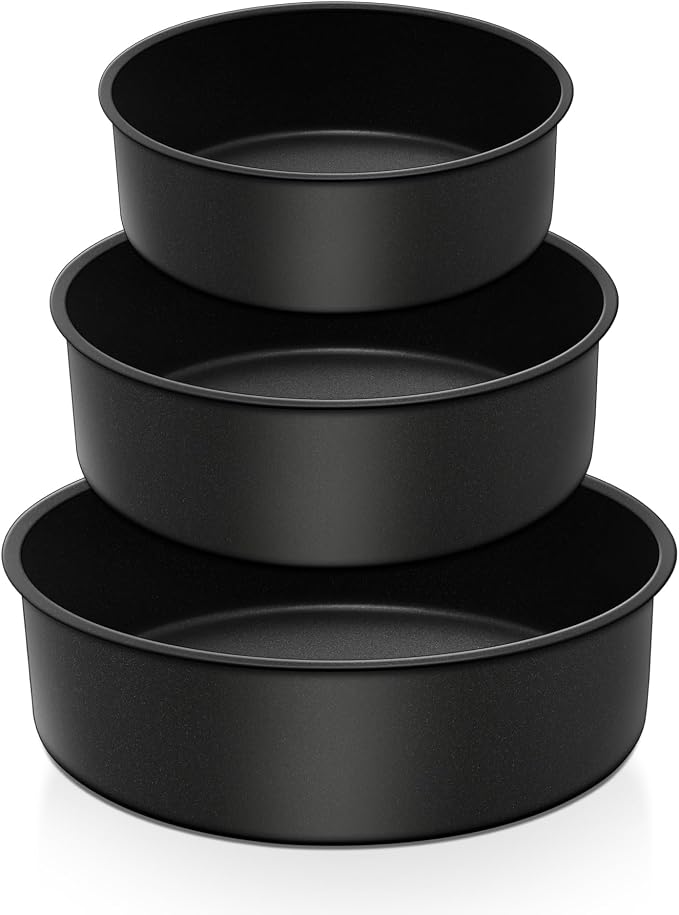E-far Deep Cake Pan Set of 3 (6/8/9½ Inch), Nonstick Stainless Steel Round Cake Pans Tins for Baking Layer Wedding Cakes, Stainless Steel Core & Nontoxic Coating, Deep & Straight Side by E-far