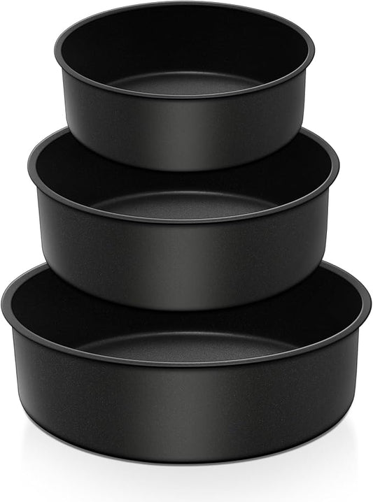 E-far Deep Cake Pan Set of 3 (6/8/9½ Inch), Nonstick Stainless Steel Round Cake Pans Tins for Baking Layer Wedding Cakes, Stainless Steel Core & Nontoxic Coating, Deep & Straight Side by E-far