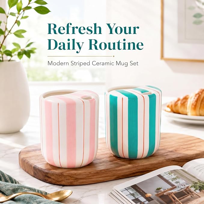 2 Pcs Ceramic Mug with Sip Hole 10 oz Pink Turquoise Striped Ceramic Coffee Mug Hand Painted Travel Mugs Heat Resistant Non Slip Built in One Lid Mugs for Coffee Lovers Appreciation Gift - Image 7