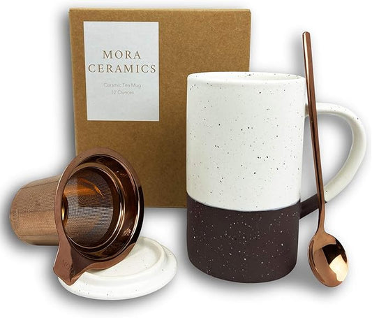 Mora Ceramics Tea Cup with Loose Leaf Infuser, Spoon and Lid, 12 oz, Microwave and Dishwasher Safe Coffee Mug - Rustic Matte Ceramic Glaze, Modern Herbal Tea Strainer - Great Gift for Women, Garnet