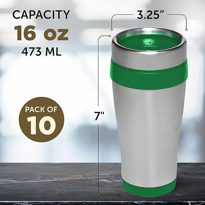 DISCOUNT PROMOS Insulated Stainless Steel Travel Mugs 16 oz. Set of 10, Bulk Pack - Perfect for Coffee, Soda, Other Hot & Cold Beverages - Green