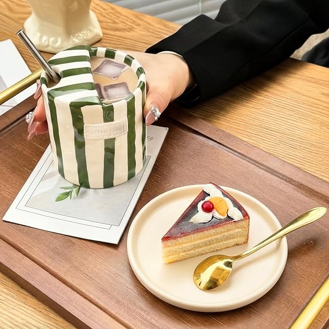 1 Pack Ceramic Coffee Mug with Sip Hole Espresso Cup 10oz with Straws Retro Hand Painted Striped Ceramic Iced Coffee Tea Travel Mug Latte Cup for Kitchen Dining (Simple,Green) - Image 4
