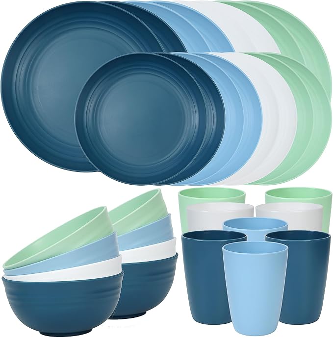 Quatish 32 Piece Plates and Bowls Sets for 8, Unbreakable Dinnerware Sets, Dish Set for Camping, Dishwasher & Microwave Safe, Outdoor Kitchen and Apartment Dorm Dinning RV Essentials, Blue by Quatish