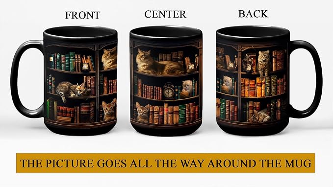 2IMT Cat Book Mug Book Lovers Gifts for Readers - Book Lover Bookish Gifts for Bookworm Women - Library Bookshelf Mug - Best Gift for Cat Lover - Reading Writer Women Black Coffee Cup 15oz - Image 2