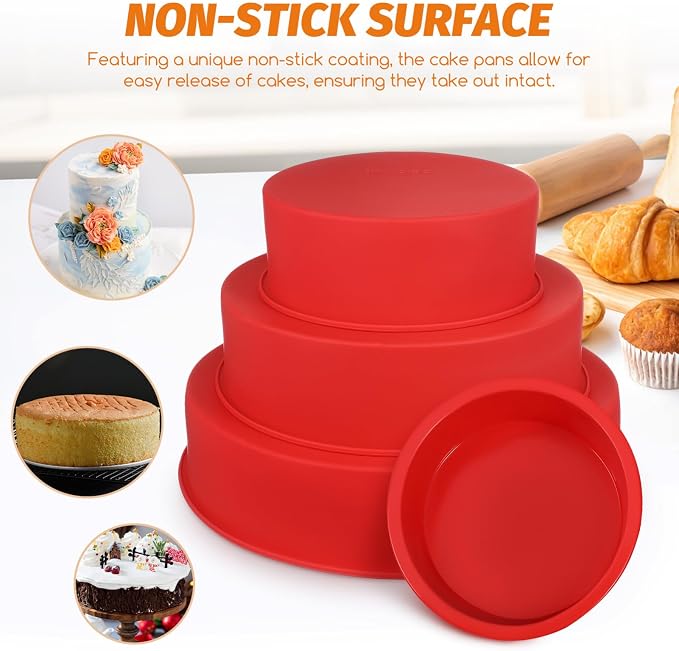Hemoton Non-stick Round Cake Pans Set Silicone Cake Molds Stackable Baking Pans for Baking Cooking - Image 3
