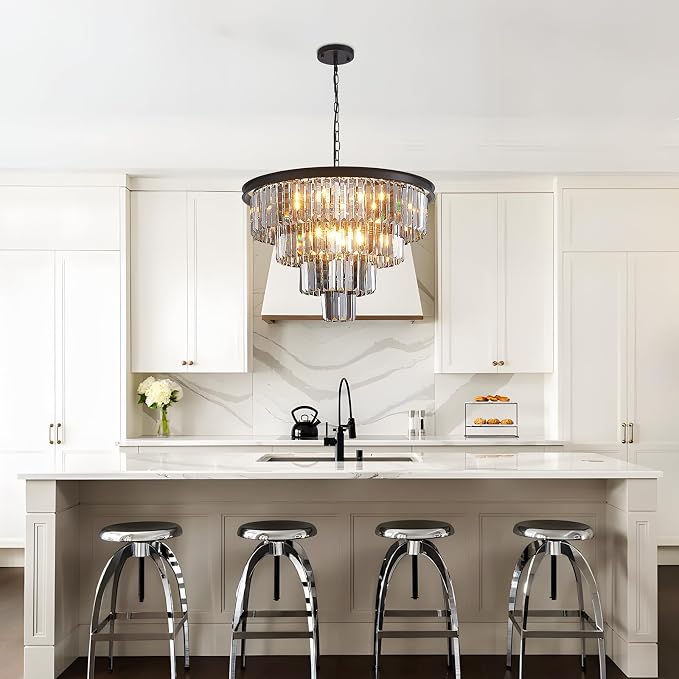 24'' Smoke Gray Crystal Chandelier Black Modern Luxury Light Fixture for Dining Room 4-Tier Round Hanging Pendant Ceiling Lighting for Entryway Foyer Living Room Bed Room Adjustable Height - Image 7