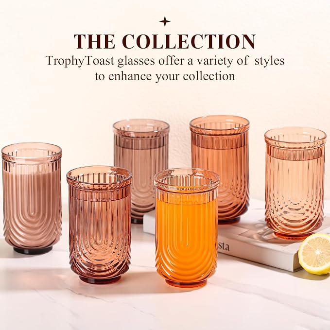 Venus Vintage Drinking Glasses Set of 6-17oz Hand-Blown Highball Ribbed Glassware, Arch Design Cocktail Glasses for Whiskey Water Beverages Ice Coffee Juice Milk - Image 7