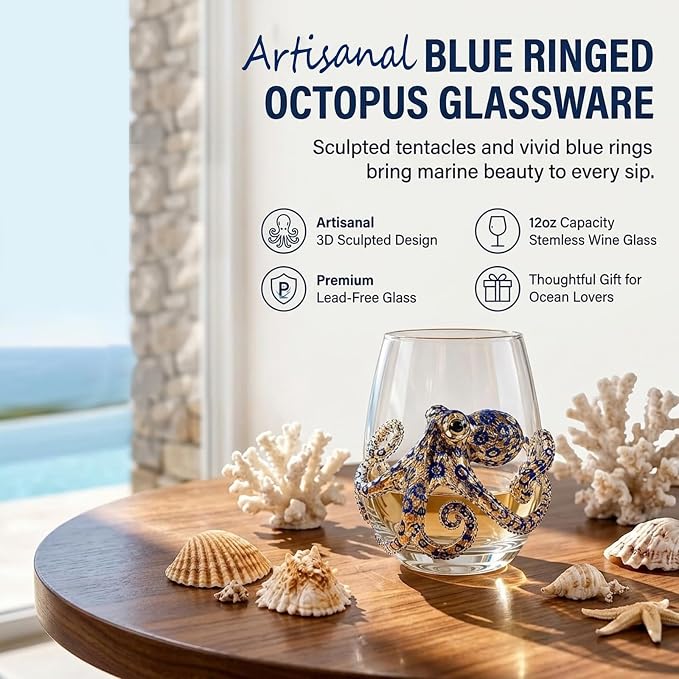 Artisanal Blue Ringed Octopus Glassware,3D Ocean Octopus Drinking Glass,Gift for Ocean Lovers,Shark - Image 7