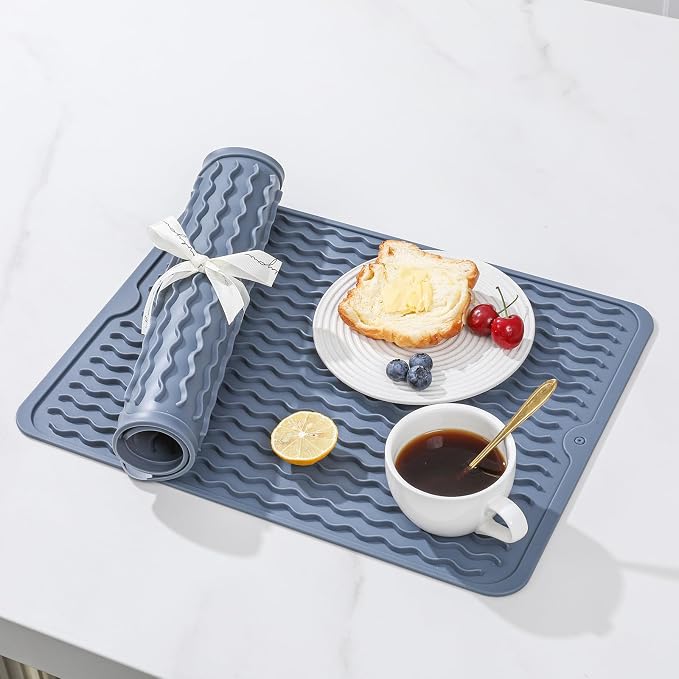 2 Pack Caketime Silicone Dish Drying Mat for Kitchen Counter Multiple Usage for Baking Cooking Grilling Under Sink Office Coffee Accessories Apartment Appliances Pioneer Woman Stuff 15"x11.5" Blue - Image 2
