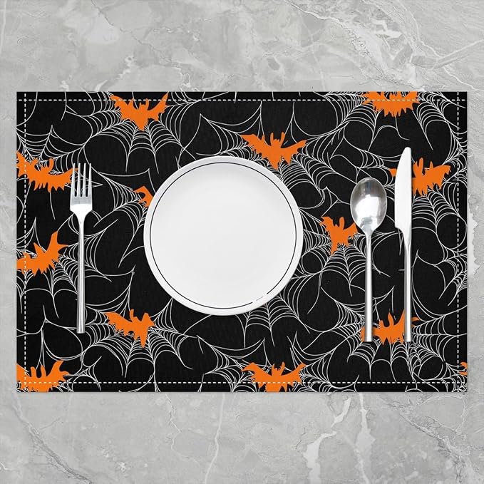 Feelyou Happy Halloween Placemats Set of 4 Spider Web Table Mats for Party Kitchen Dining Decoration Deep Black Orange Place Mat for Table Holiday Decor Indoor Outdoor 18"x12" Non-Slip Bats Pattern - Image 2