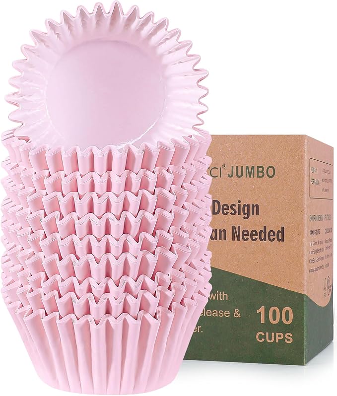 Caperci Heavy Duty Jumbo Cupcake Muffin Liners for Baking - Extra Large 100pcs Grease-Resistant Pink Paper Baking Cups, No Muffin Pan Needed, Odorless, Easily Peels (Pink) by Caperci