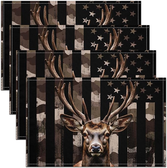 Feelyou Deer Hunting Camo Placemats Set of 4 Hunter Camouflage Table Mats for Party Kitchen Dining Decoration American Flag Place Mat for Table Holiday Decor Indoor Outdoor 18"x12" Non-Slip Washable by Feelyou