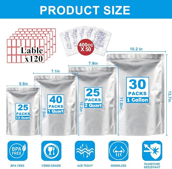 120PCS 4Size Mylar Bags for Food Storage with Oxygen Absorbers&Labels,10Mil Thick Resealable Zipper&Heat Seal Stand Up Pouches for Packaging Long Term,Dried Food - Image 2
