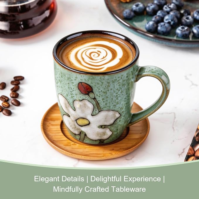 12oz Coffee Mugs Set of 4, Hand-Painted Floral Stoneware Cups with Handle, Dishwasher Microwave Oven Safe, Cappuccino Mugs for Latte, Tea, Espresso & Hot Cocoa, for Home Kitchen & Cafe, Green - Image 6