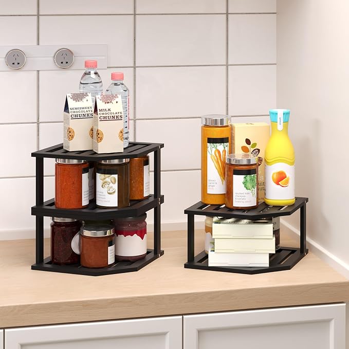 VERTORGAN 2 Tier Bamboo Corner Shelf 3 Pack Plate Organizer Kitchen(Black) | Pantry Storage,Dish Rack,Spice Rack,Corner Organizer,Kitchen Counter Shelves,Kitchen Storage,Holds Plates - Image 2