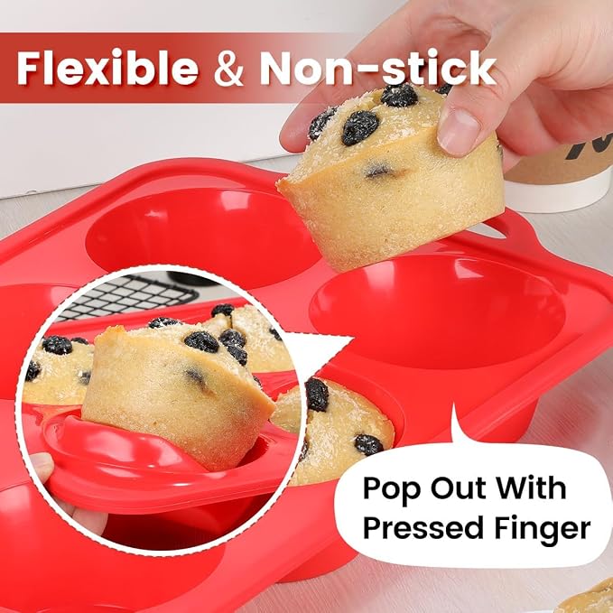 CAKETIME Jumbo Muffin Pan, 3.5 Inch Large Muffin Pan with Metal Reinforced Frame 6 Cup Silicone Jumbo Cupcake Pans for Baking Easy to Handle 2 Pack Red - Image 5