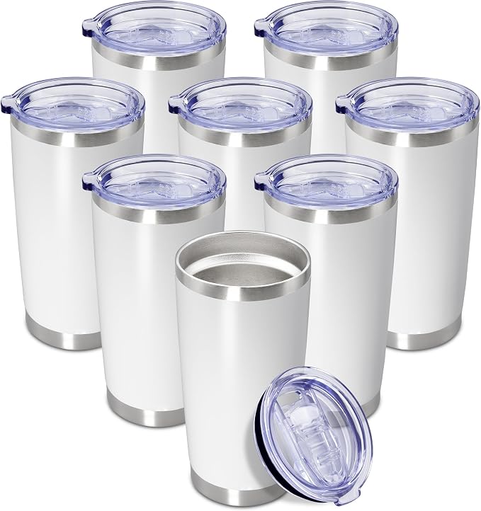 20oz Tumbler Insulated Coffee Tumblers with Lid Stainless Steel White 8P | 20 oz Tumblers Double Wall Insulated Vacuum 20oz Coffee Mug Leak Proof Tumblers with Lid Powder Coated - White 8 Pack by AEPDTD