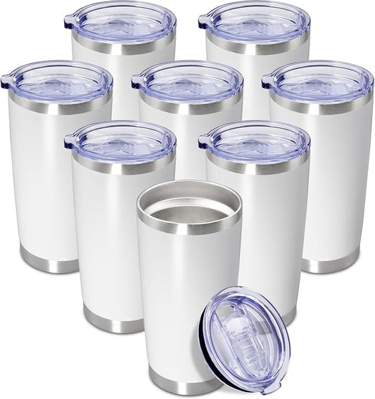 20oz Tumbler Insulated Coffee Tumblers with Lid Stainless Steel White 8P | 20 oz Tumblers Double Wall Insulated Vacuum 20oz Coffee Mug Leak Proof Tumblers with Lid Powder Coated - White 8 Pack by AEPDTD