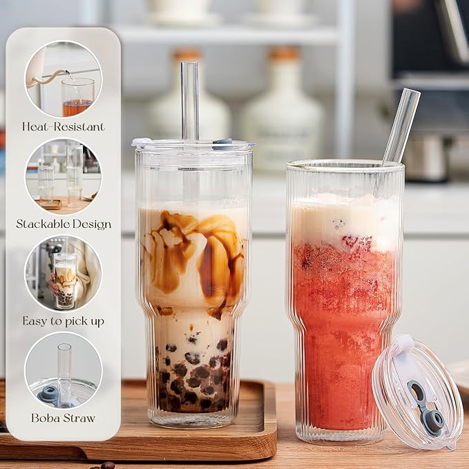 KEMORELA 28 oz Double Wall Glass Tumblers Set of 2, Extra-Wide 13mm Reusable Drinking Straws, Boba Tumbler, Wide-Mouth Water Cups for Iced Coffee, Smoothies, Boba & Tea Lovers (Ribbed) - Image 4