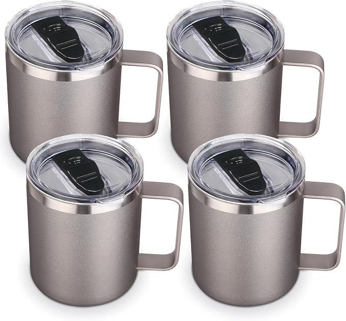Volhoply 14oz Insulated Stainless Steel Coffee Mug with Lid Bulk 4 Pack,Double Wall Vacuum Travel Coffee Cup with Handle,Reusable Cups Tumbler Cup,Camping Mugs Keep Hot,Ideal Gifts(Gray,4 Set) by LiveFully%EF%BC%8CDrinkFreely%E2%80%94KeepGoingwithVolhoply%EF%BC%81