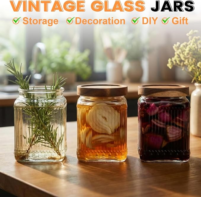 6 Pcs Vintage Glass Storage Jar with Lid 25.3 oz Glass Containers Stylish Ribbed Pattern Airtight Kitchen Jars Candy Jar for Food Cookies Candy Coffee Tea Beans Grains Storage - Image 7