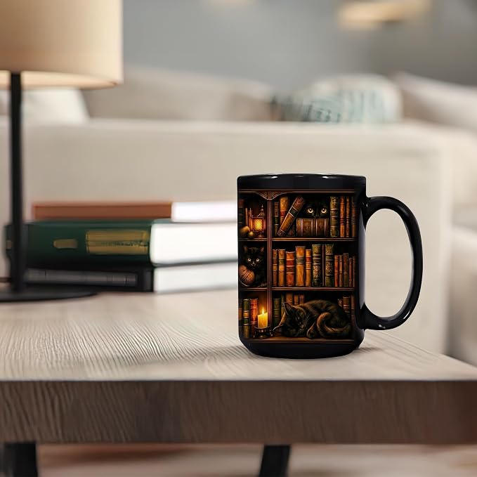 Hyturtle Black Cat Bookshelf Coffee Mug 15 Oz, Book Lover Gift for Women | Includes Matching Mini-Book Keychain; Cozy Literary Ceramic For Readers, Librarians And Bookworms On Birthdays Or Christmas - Image 6