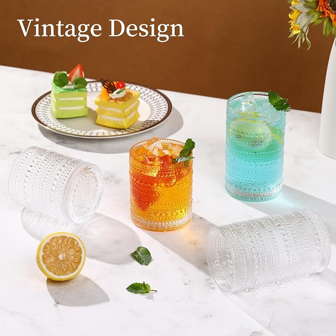 Moretoes Hobnail Drinking Glasses Set of 12, Vintage Water Glass Cups | 12 Oz Highball Glasses & 10 Oz Cocktail Glasses, Clear Embossed Boho Kitchen Bar Tumbler for Whiskey, Beer, Juice, Milk - Image 5