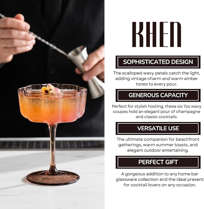 Venus Flower Scalloped Vintage Wavy Petals Wave Glass Coupes 7oz Colorful Martini, Champagne & Cocktails, 6 Set Brown Amber Shades Rippled Champagne Glasses, Elegant Bar Glassware, Aesthetic Coupe - Image 5