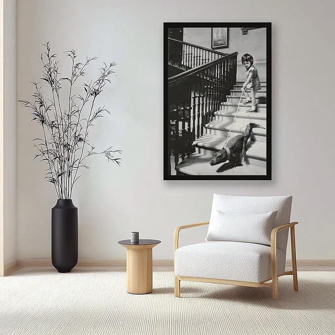 Girl Walking Baby Crocodile on Leash, Black And White Vintage Photo, Oddities, Funny Poster Canvas Poster Wall Art Decor Print Picture Paintings for Living Room Bedroom Decoration Black Frame 16x24in - Image 7