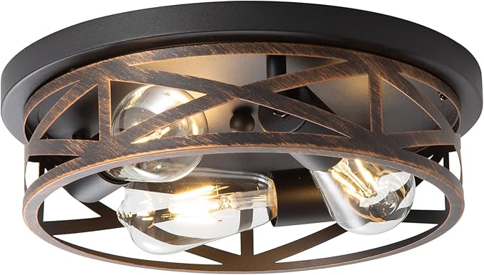 3-Light Industrial Farmhouse Flush Mount Ceiling Light, 13 Inch Rustic Round Cage Close to Ceiling Light Fixture, E26 Base, Indoor House Lighting for Kitchen, Bedroom, Black and Gold by Wyneyet