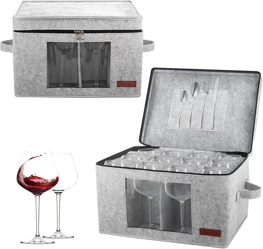Foyego Wine Glass Storage Box with 24 Dividers, Light Gray, 2 Pack | Visible Window, Soft Handles, for Packing and Moving, Stackable Storage Containers for Stemware, Glassware, Crystal Glasses by Foyego