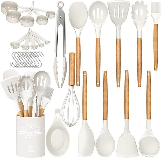 Umite Chef Kitchen Cooking Utensils Set, 33 pcs Non-stick Silicone Cooking Kitchen Utensils Spatula Set with Holder, Wooden Handle Silicone Kitchen Gadgets Utensil Set (Cream White) by UmiteChef