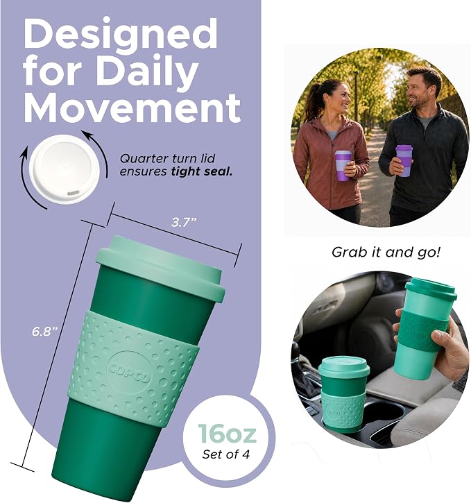 Copco Acadia 16oz Travel Mug, Set of 4 - Double Wall, Green & Purple | Spill-Resistant Lid, Ergonomic Design, Comfortable Handling, Ideal For Daily Commutes & On-The-Go Beverages - Image 2