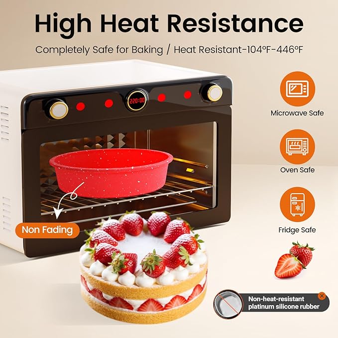 SJ 8 Inch Silicone Round Cake Pan with Metal Reinforced Frame Set of 2, Nonstick Silicone Cake Mold for Baking Suitable for Making Layers, Cheese & Chocolate Cakes - Red