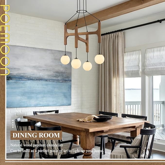 Farmhouse Wooden L24'' Chandelier Rustic Oak Wood Pendant Lights Mid Century 4-Light Milk Glass Globe Pendant Chandelier for Dining Room Kitchen Foyer Entryway Bedroom, G9 - Image 2