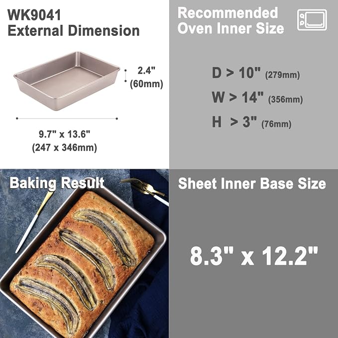 CHEFMADE 13-Inch Rectangle Cake Pan, Non-Stick Loaf Pan Deep Dish Bakeware for Oven Roasting Meat Bread Jelly Roll Battenberg Pizzas Pastries 9.7" x 13.6" X 2.4"(Champagne Gold) - Image 2