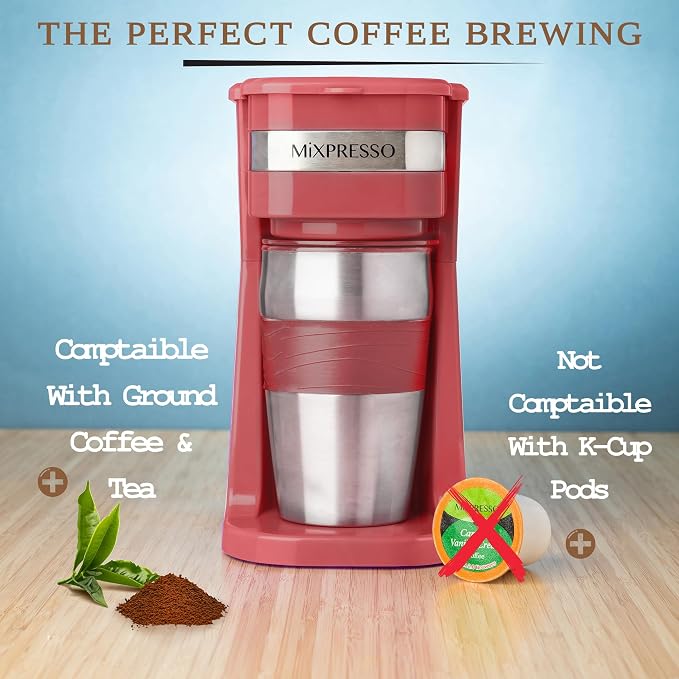 Mixpresso Single Serve & Single Cup Coffee Maker with 14oz Travel Mug Red | For ground coffee only, reusable filter, auto shut off. Compact personal drip coffee maker, not compatible with K-Cup pods. - Image 4