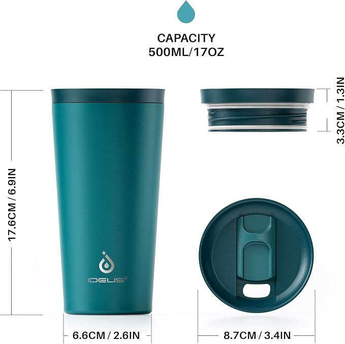Ideus 17 oz Travel Coffee Mug, Double Wall Vacuum Stainless Steel Insulated Coffee Tumbler With Lid, Splash-Proof & Cup Holder Friendly, Keeps Drinks Hot/Cold, Dishwasher Safe, Peacock Blue - Image 8