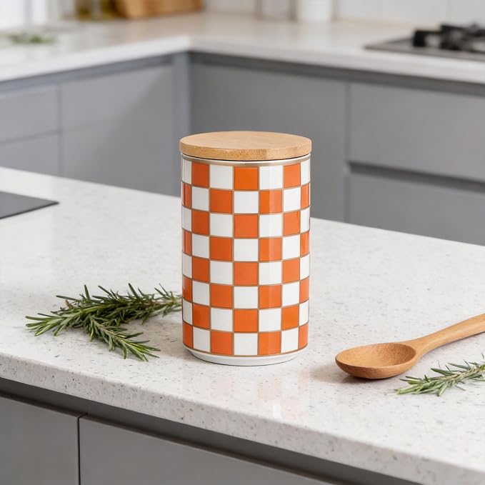 Kitchen Countertop Ceramic Checkered Canisters,Black And White Food Storage Containers With Lid,Airtight Kitchen Canisters for Flour, Sugar, Coffee, Tea, and Dry Goods (Orange, Large) - Image 8
