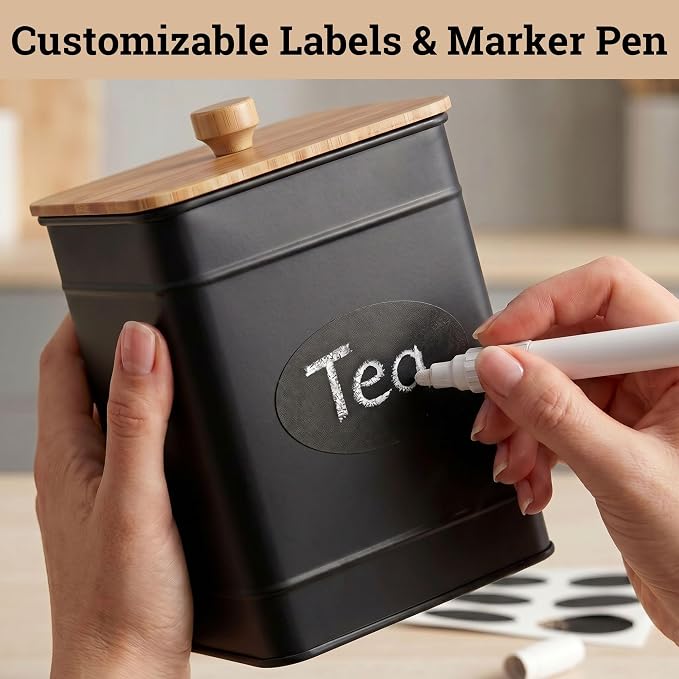 Kitchen Canisters for Countertop Set of 3 w/ Chalkboard Labels & Marker Pen | Airtight Easy Open Bamboo Lids, Dent-Resistant Thick Metal, Customizable Chalkboard Labels, Marker Pen Included, Set of 3 - Image 5