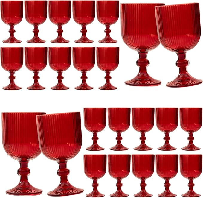 24 Pcs Red Vintage Wine Glasses, 11 Ounces Colored Glass Water Goblets, Unique Embossed Pattern High Clear Stemmed Glassware Wedding Party Bar Glass Drinking Cups Fancy Glasses Set Hand Wash Only by XKXKKE