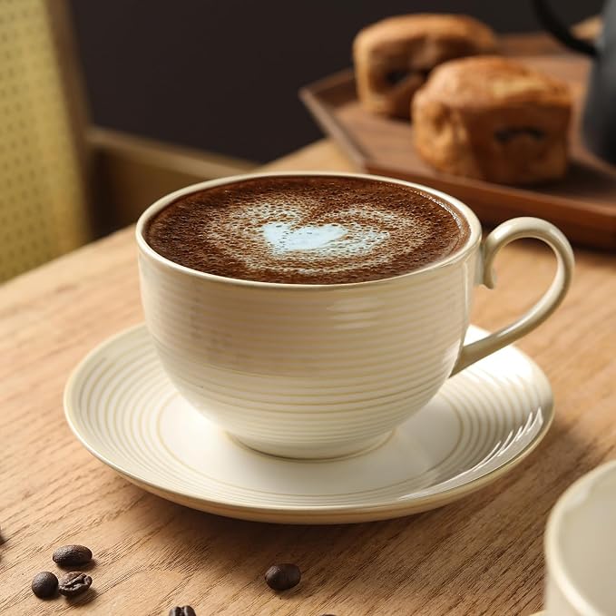 12Oz Coffee Cups with Saucers, Ceramic Espresso Cup Set of 4, Cappuccino Cups Set, Tea Mugs and Saucer, Microwave Dishwasher Safe Drinkware for Home, Cafe, Housewarming Gifts - Image 3