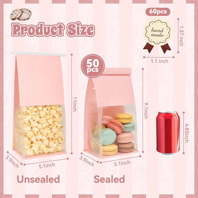Funcoo 50 Bakery Bags with Window, 5.1x3.9x11 Inches Paper Bread Bags, Tin Tie Tab Lock Cookie Bags Food Storage Bag for Snacks, Popcorn, Candies, 60 pcs Stickers Included - Image 2