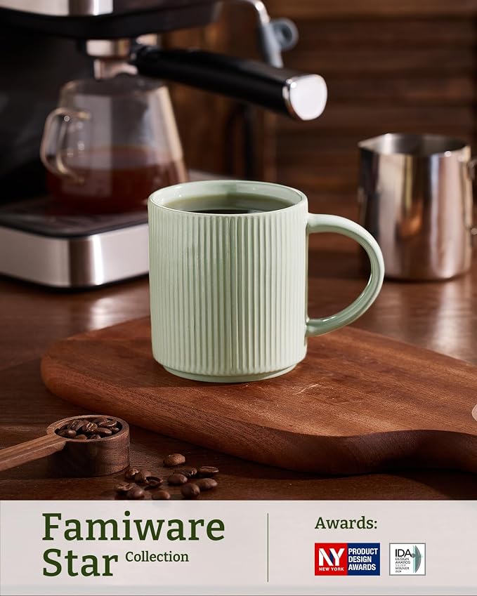 famiware Coffee Mug Set for 4, Star 16 oz Catering Mugs Cup Set with Handle for Coffee, Tea, Cocoa, Milk - Ceramic Stoneware Drinkware Set, Matte Green - Image 3