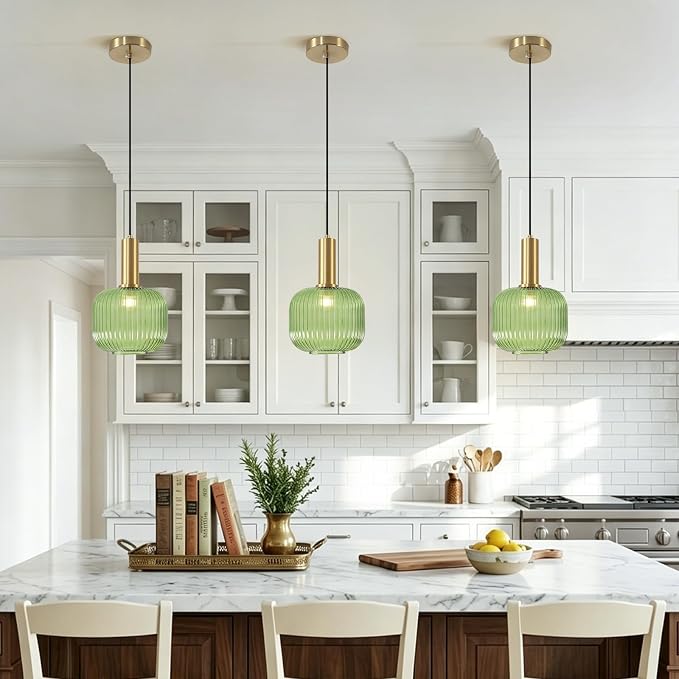 KCO Small Brushed Brass Gold 7.9” Vintage Green Ribbed Glass Pendant Light | E26 Base, Mid Century Modern Adjustable Hanging Light Fixture for Sloped Ceiling Kitchen Island Sink Bedroom Dining Hallway - Image 4