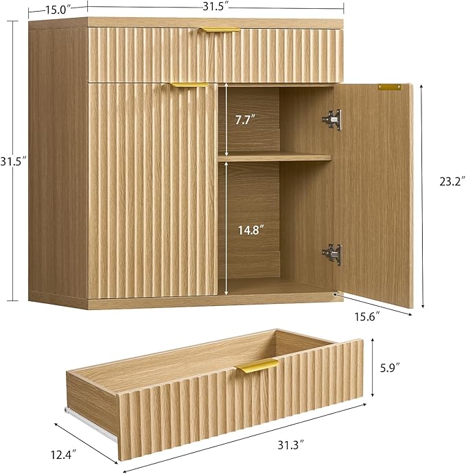 TEENFON 31.5" W Fluted Buffet Cabinet with Storage, Sideboard Cabinet, Coffee Bar Cabinet with 2 Doors and Adjustable Shelf for Living Room, Kitchen, Entryway, Natural - Image 2