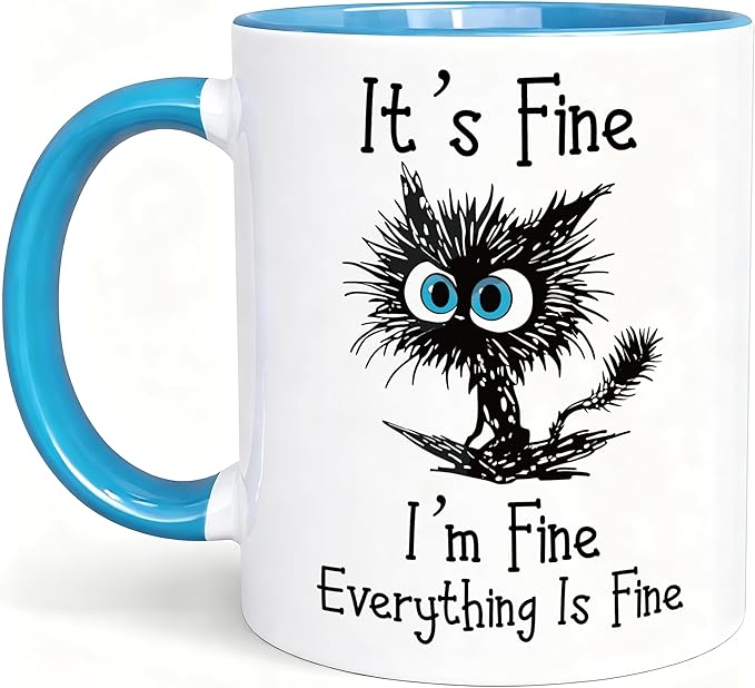 Funny Cat Coffee Mug for Cat Lovers, Everything Is Fine Mug 11oz | Double-Sided Print, Microwave & Dishwasher Safe, Sarcastic Saying by Powond-MakeLifeYourWay